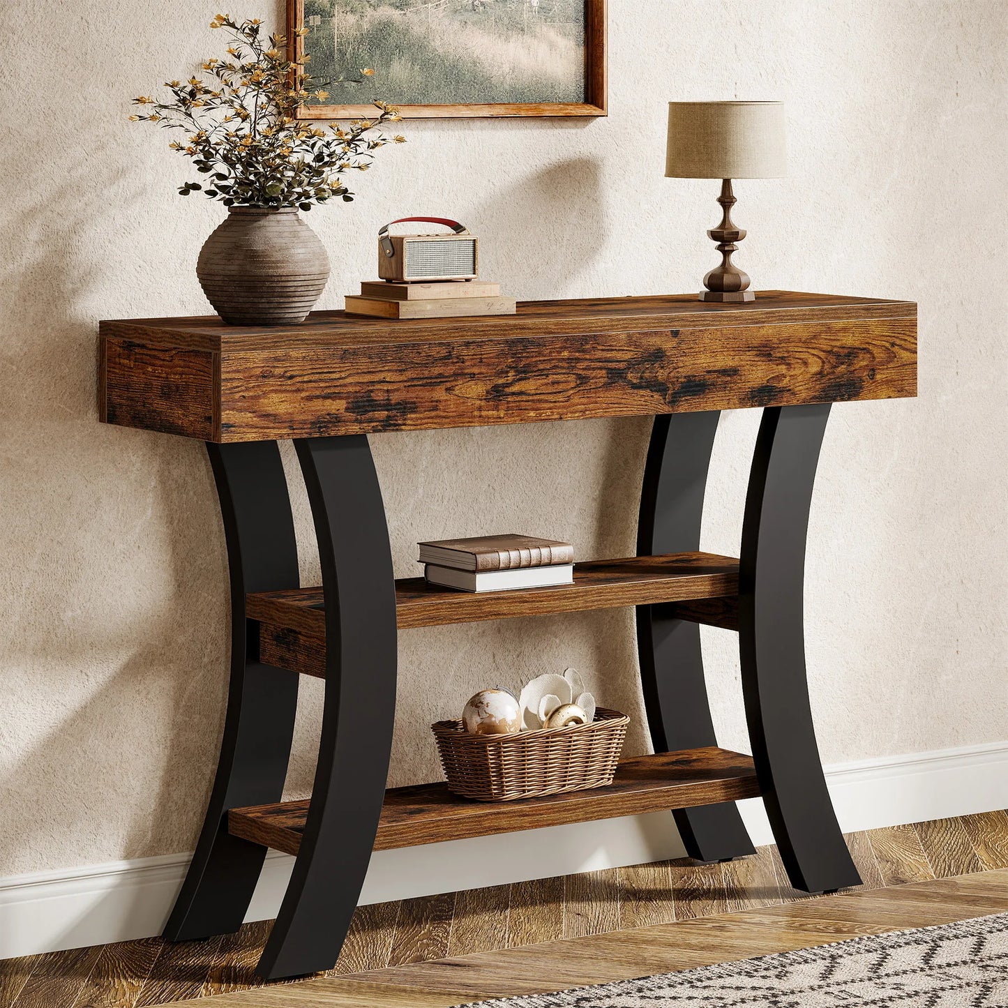 Console Valérie — style rustique, rangement intégré, 3 niveaux, étagères ouvertes