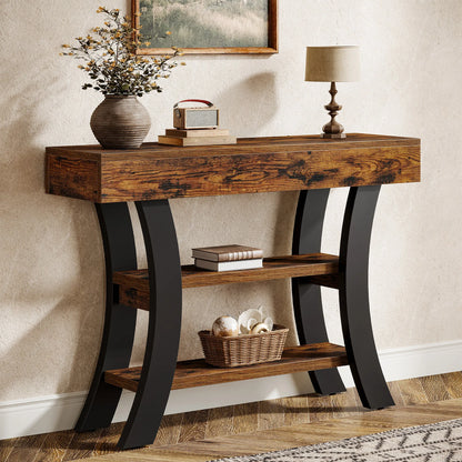 Console Valérie — style rustique, rangement intégré, 3 niveaux, étagères ouvertes