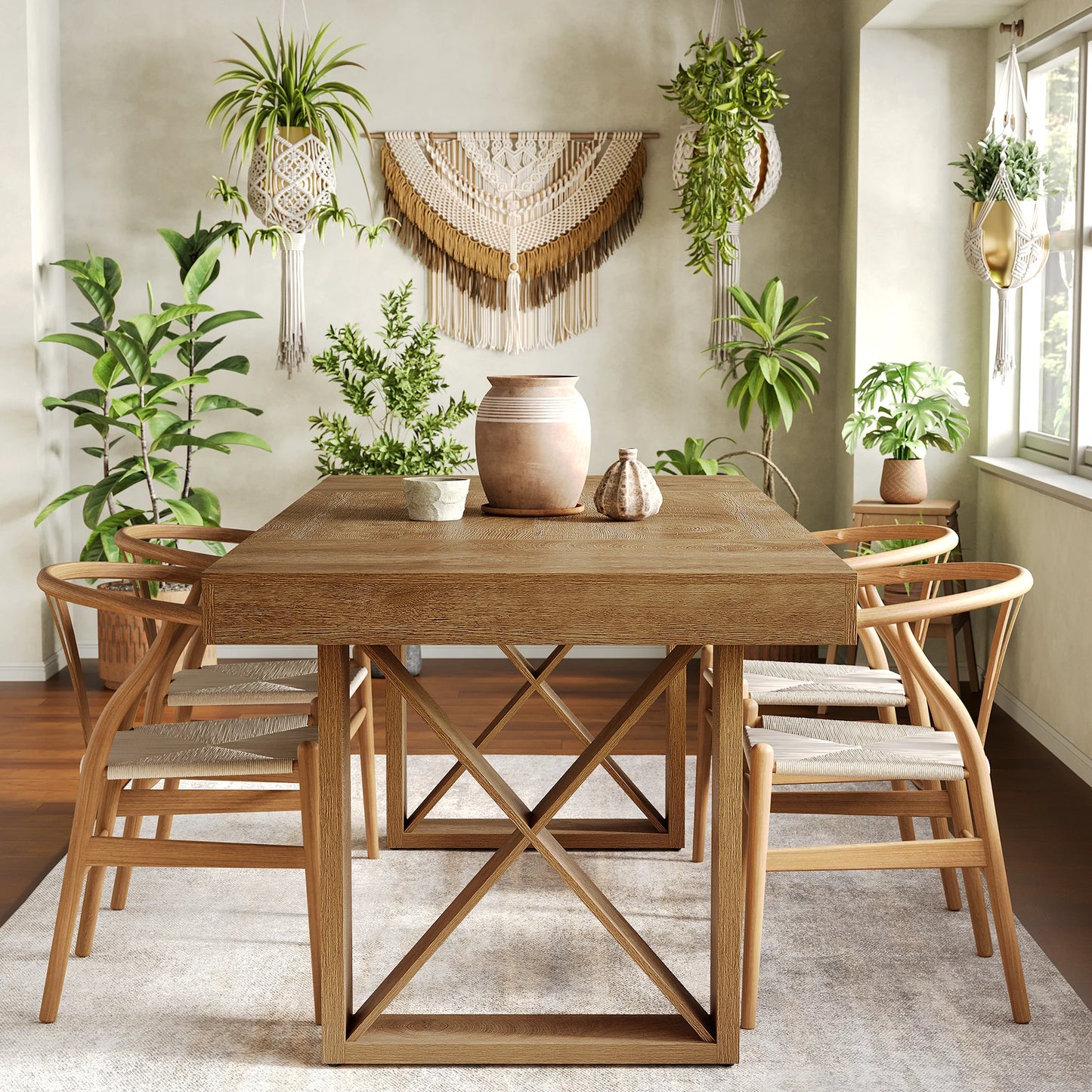 Table de salle à manger Justine — finition marron, style rustique, rectangulaire