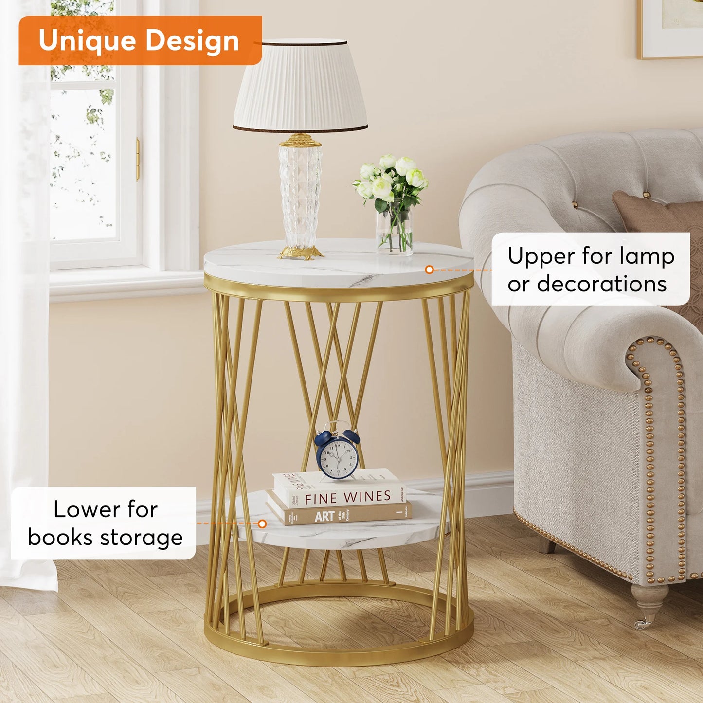 Table d'appoint Matthieu — finition blanche, marbre, design contemporain, rangement intégré