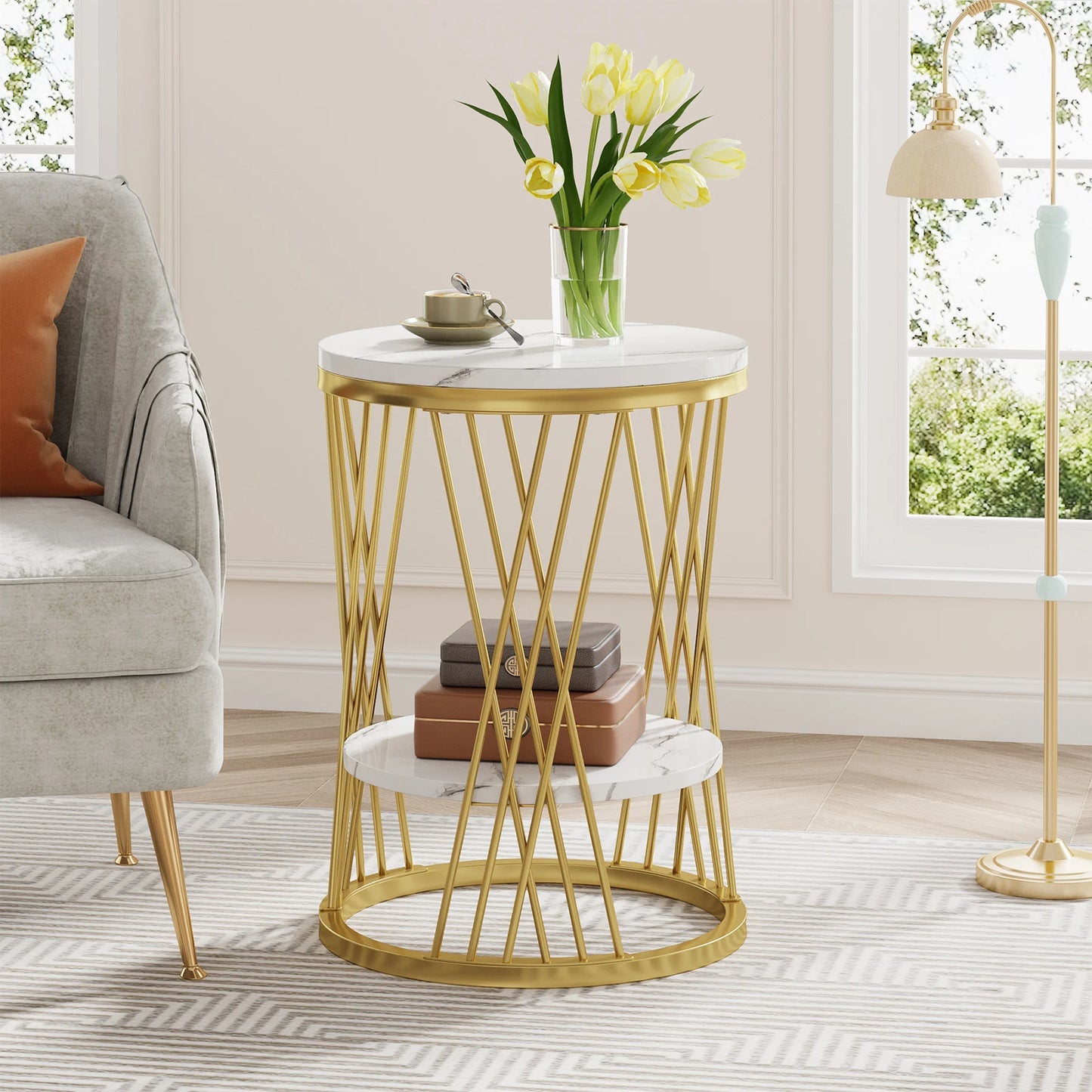 Table d'appoint Matthieu — finition blanche, marbre, design contemporain, rangement intégré
