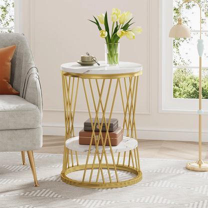 Table d'appoint Matthieu — finition blanche, marbre, design contemporain, rangement intégré
