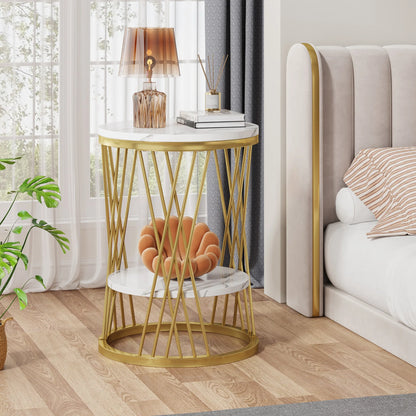 Table d'appoint Matthieu — finition blanche, marbre, design contemporain, rangement intégré