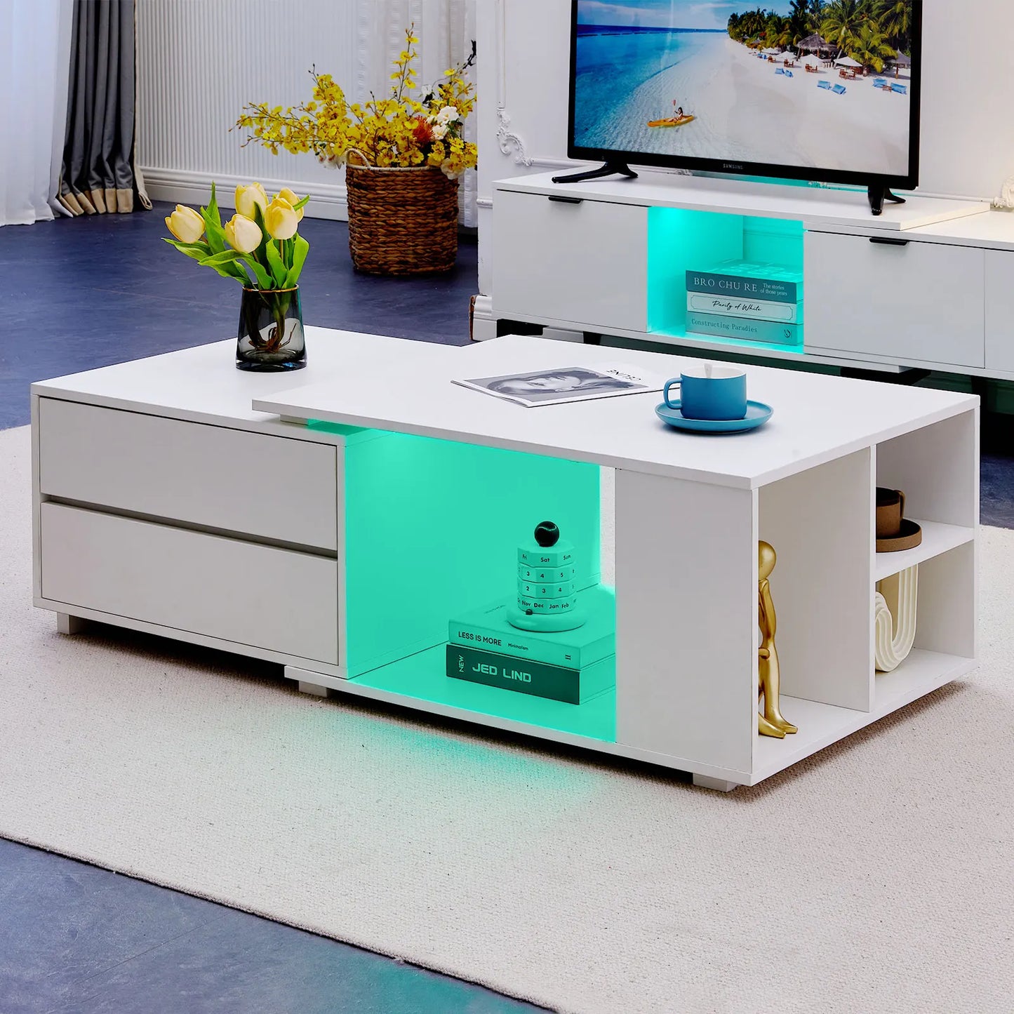 Extendable Coffee Table with LED Light, Living Room Centre Table with 4 Storage Drawers Shelves, Modern Wooden Sofa Side Table
