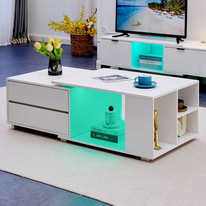 Extendable Coffee Table with LED Light, Living Room Centre Table with 4 Storage Drawers Shelves, Modern Wooden Sofa Side Table
