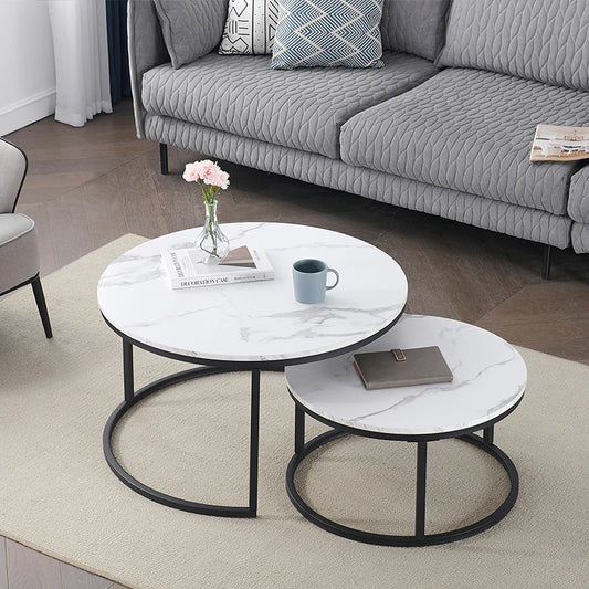 Table basse Luc — finition blanche, bois, marbre, métal