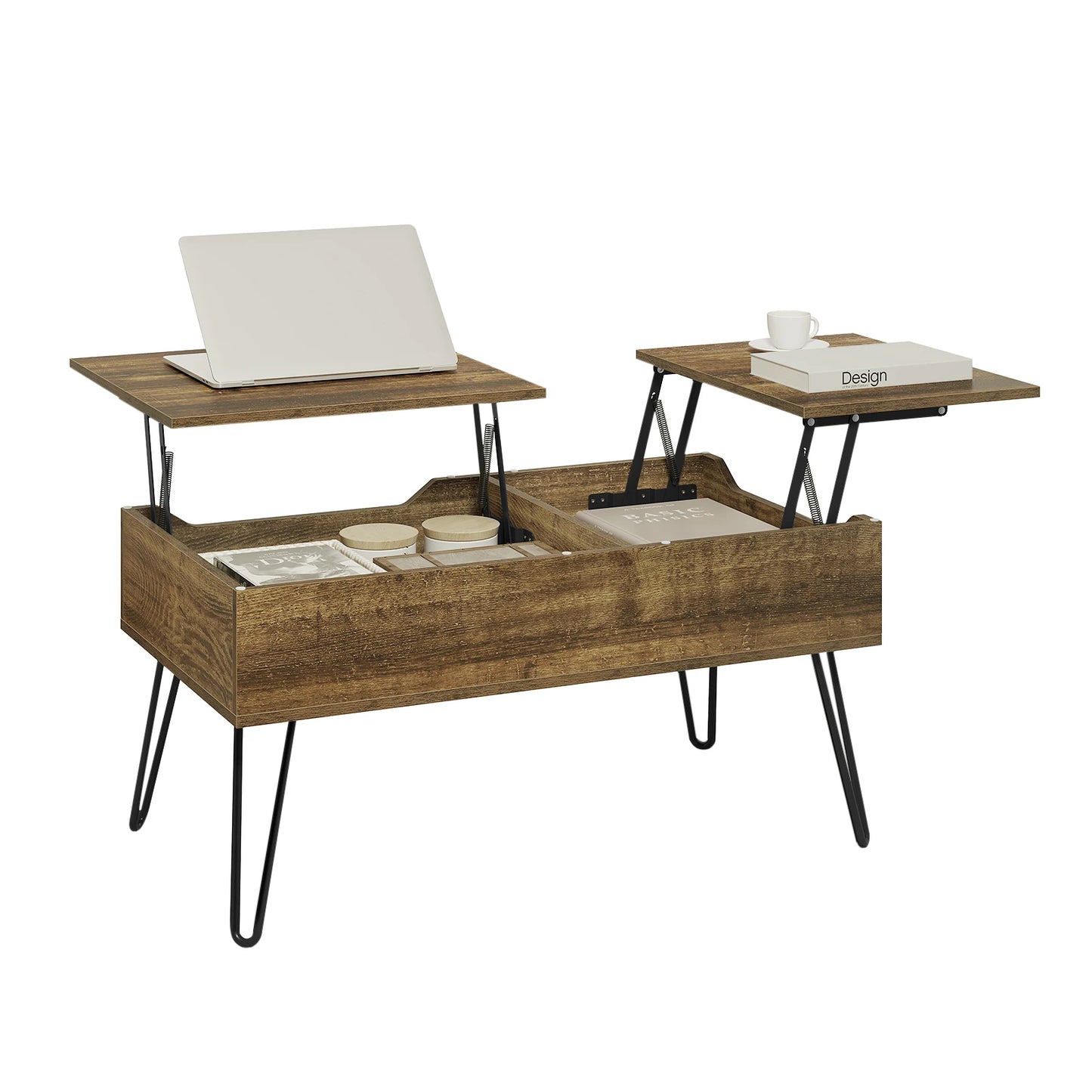 WOLTU Coffee Table Double Lifting Plate Sofa Table Height-Adjustable Pull-Out Living Room Table Separate Hidden Storage