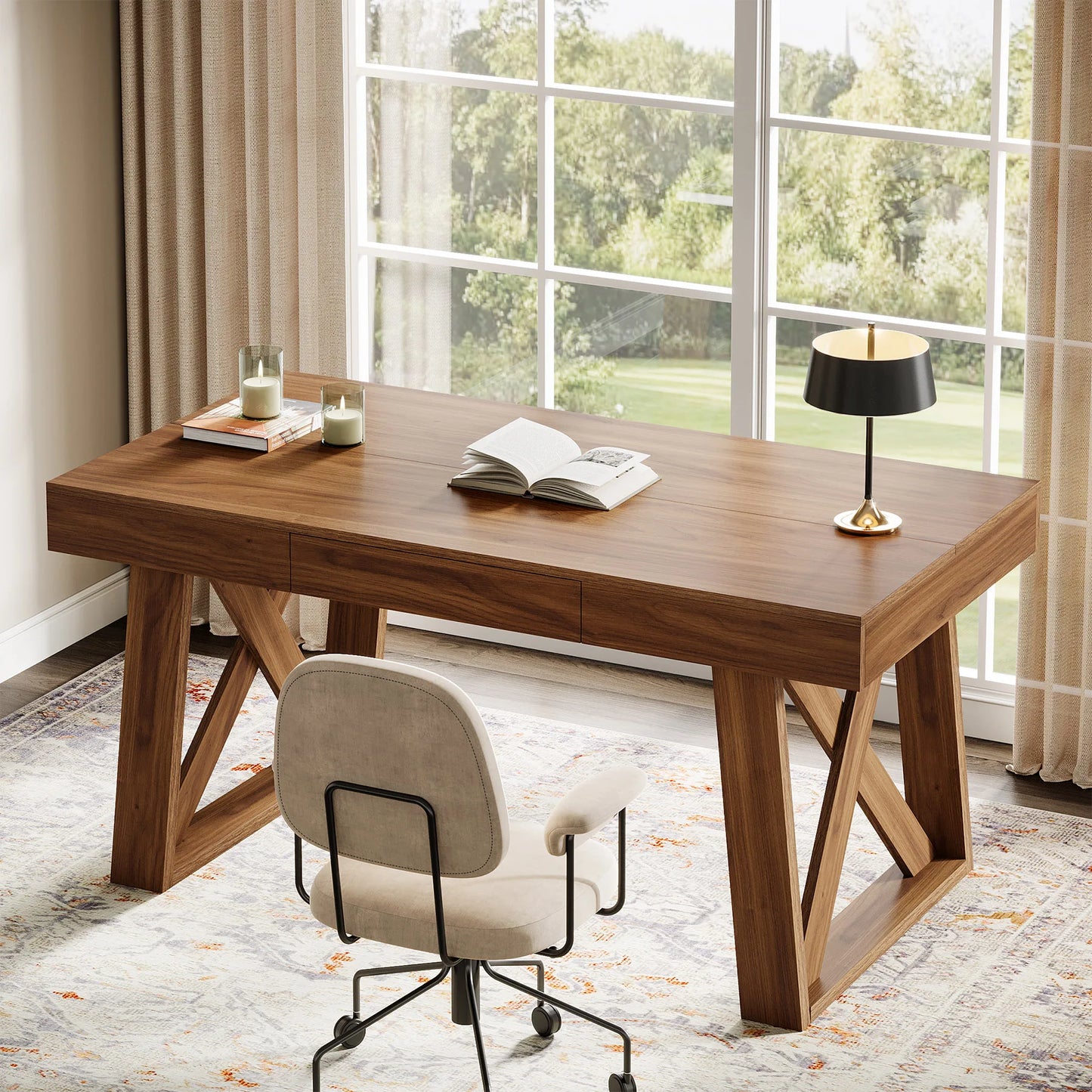 Bureau Martial — finition noyer, style rustique, rangement intégré, avec tiroirs
