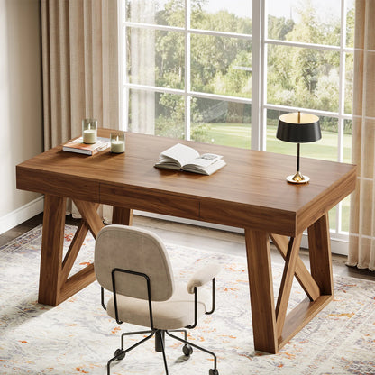 Bureau Martial — finition noyer, style rustique, rangement intégré, avec tiroirs