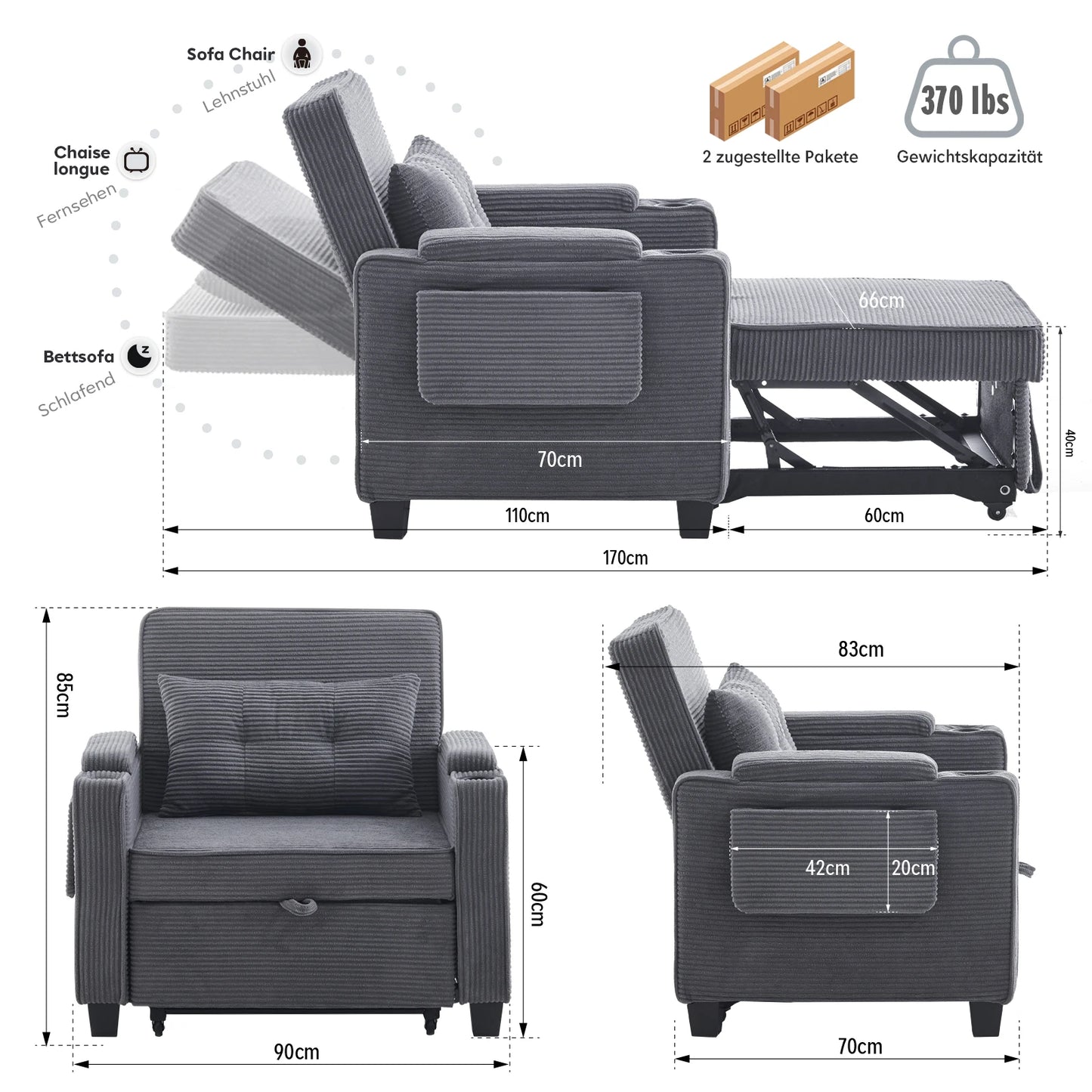 3-in-1 Single Sofa Bed with USB and Type-C, Adjustable Backrest TV Chair with Drink Holder and Armrest for Small Room Apartments