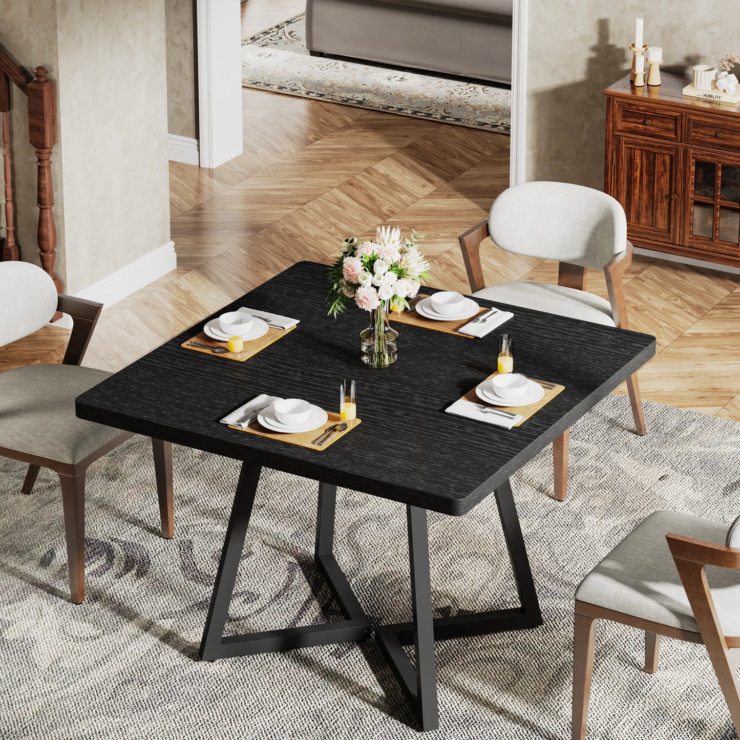 Table de salle à manger Astrid — bois, métal, style industriel, carrée