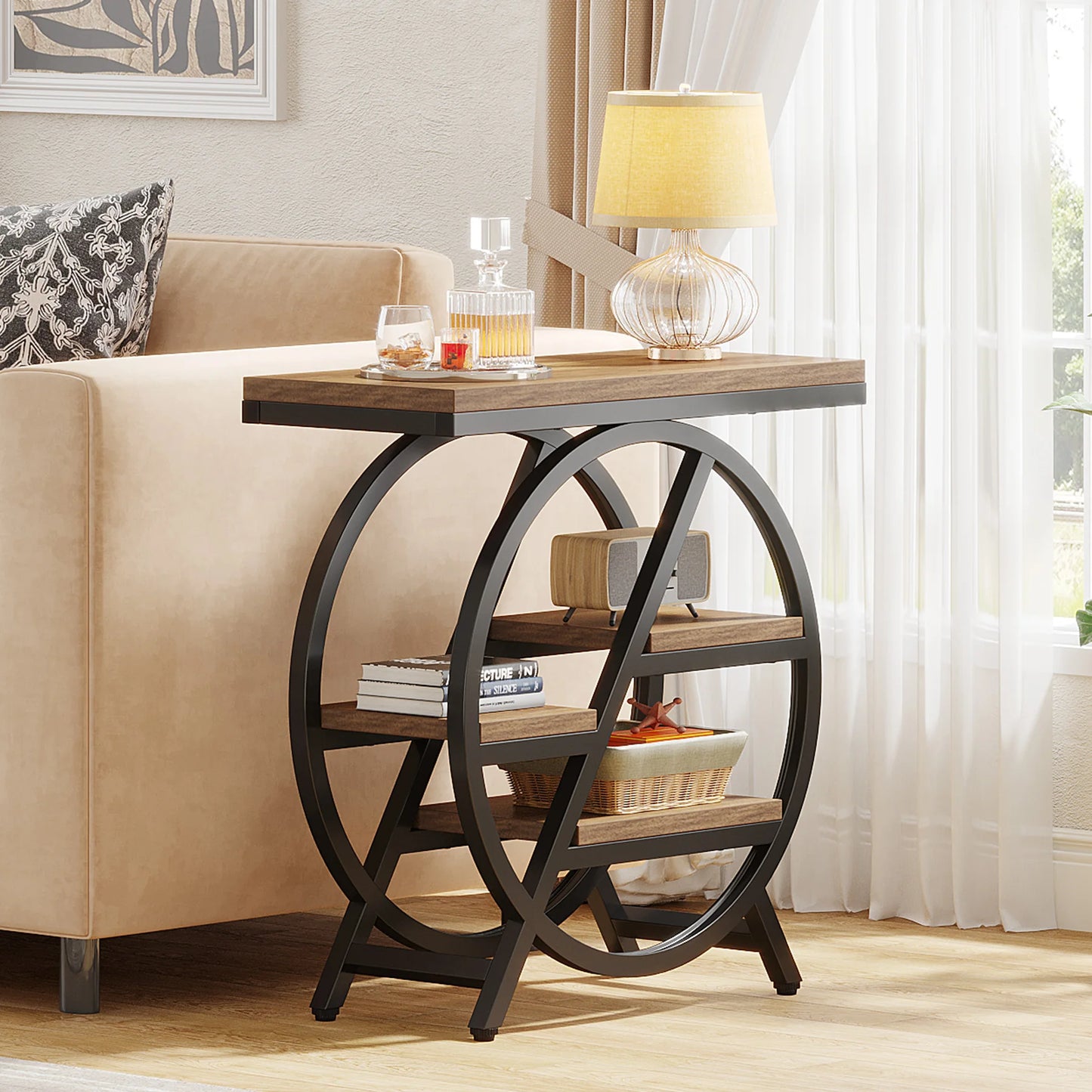 Table d'appoint André — bois, métal, rangement intégré, 3 niveaux