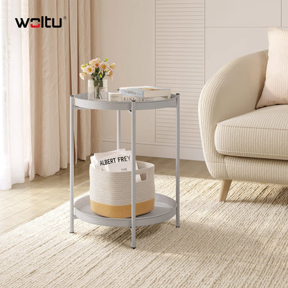 WOLTU Round Coffee Table Metal Side Table with Storage Space 2 Removable Trays Bedside Table for Bedroom Living Room Decor