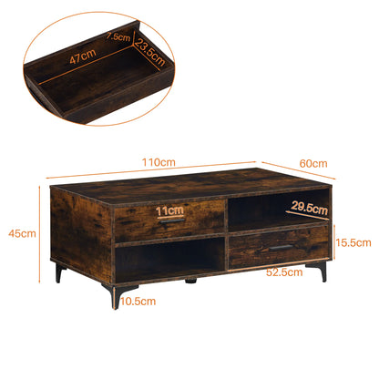 Coffee Table with Storage, Wooden Centre Table Living Room with 4 Drawers and 4 Open Shelves, Modern Rectangle Tea Table