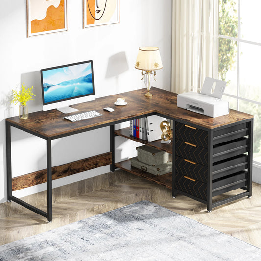 Bureau Sabine — rangement intégré, meuble d'angle, étagères ouvertes, avec tiroirs