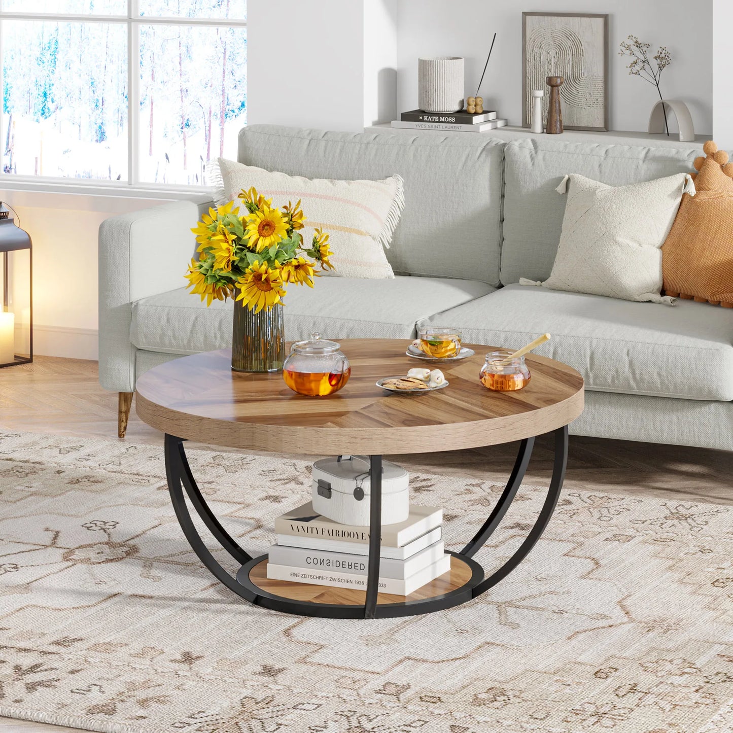Table basse Isabelle — bois, style industriel, rangement intégré, 2 niveaux