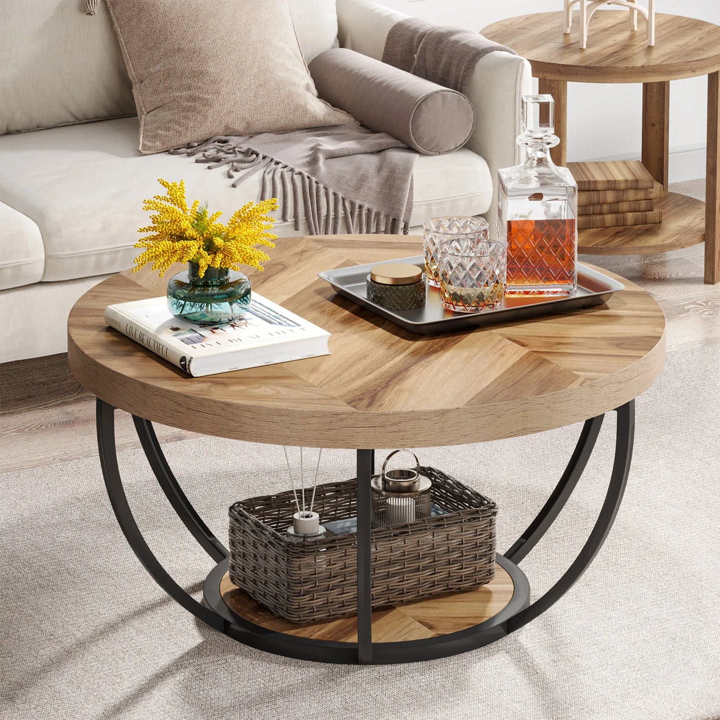 Table basse Jérôme — bois, style industriel, rangement intégré, 2 niveaux