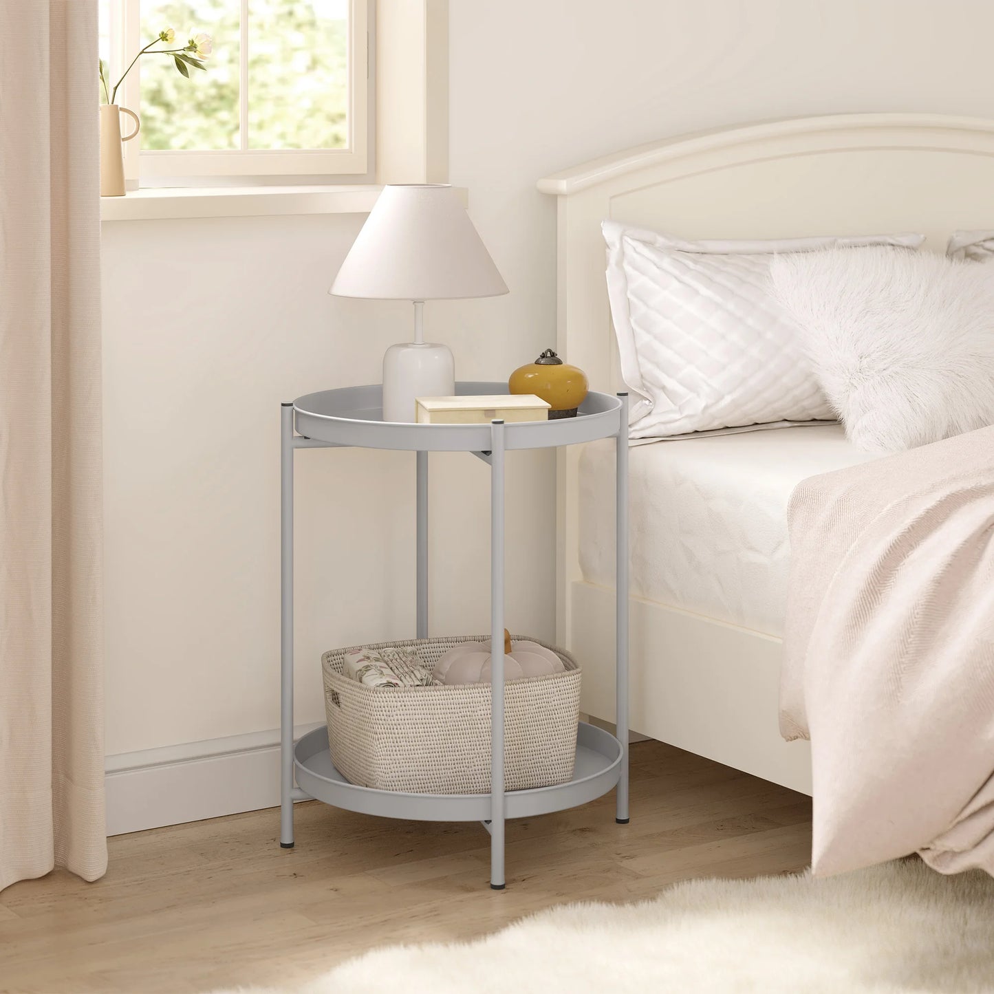 WOLTU Round Coffee Table Metal Side Table with Storage Space 2 Removable Trays Bedside Table for Bedroom Living Room Decor