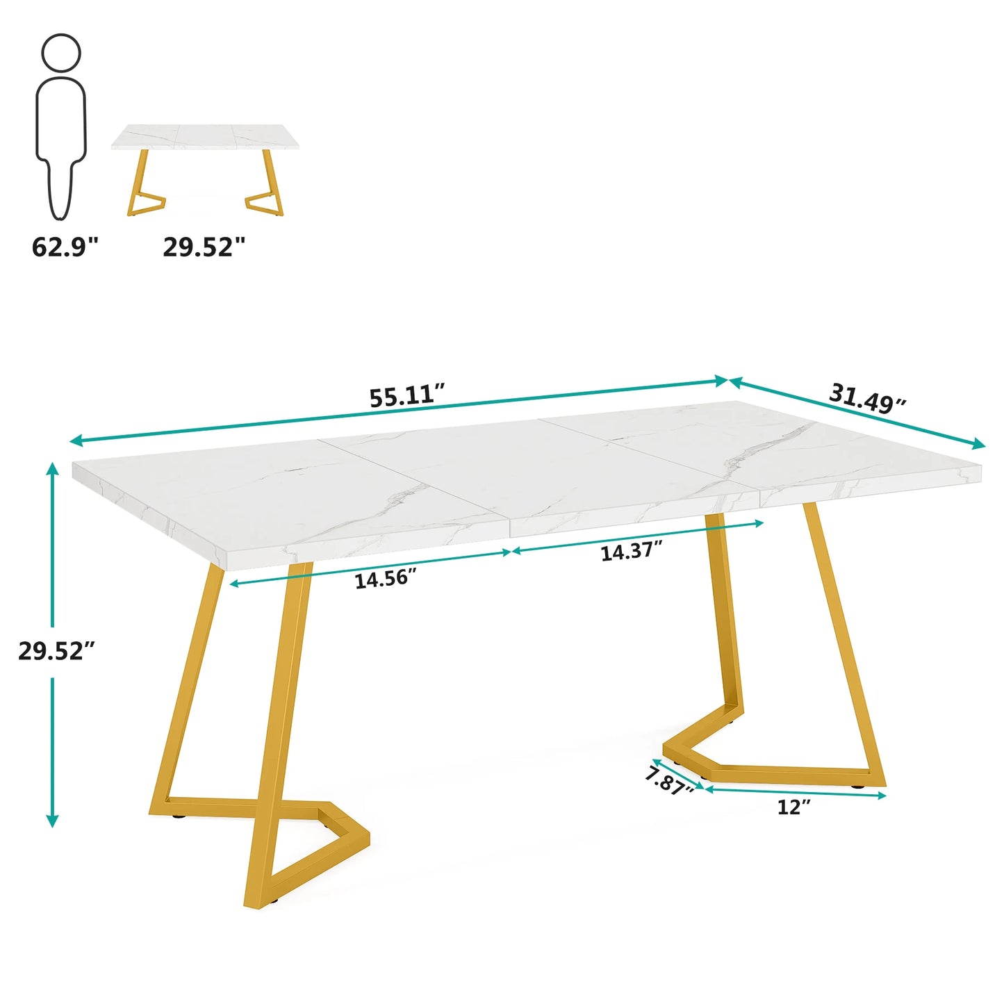 Table de salle à manger Louise — finition blanche, marbre, design contemporain, rectangulaire