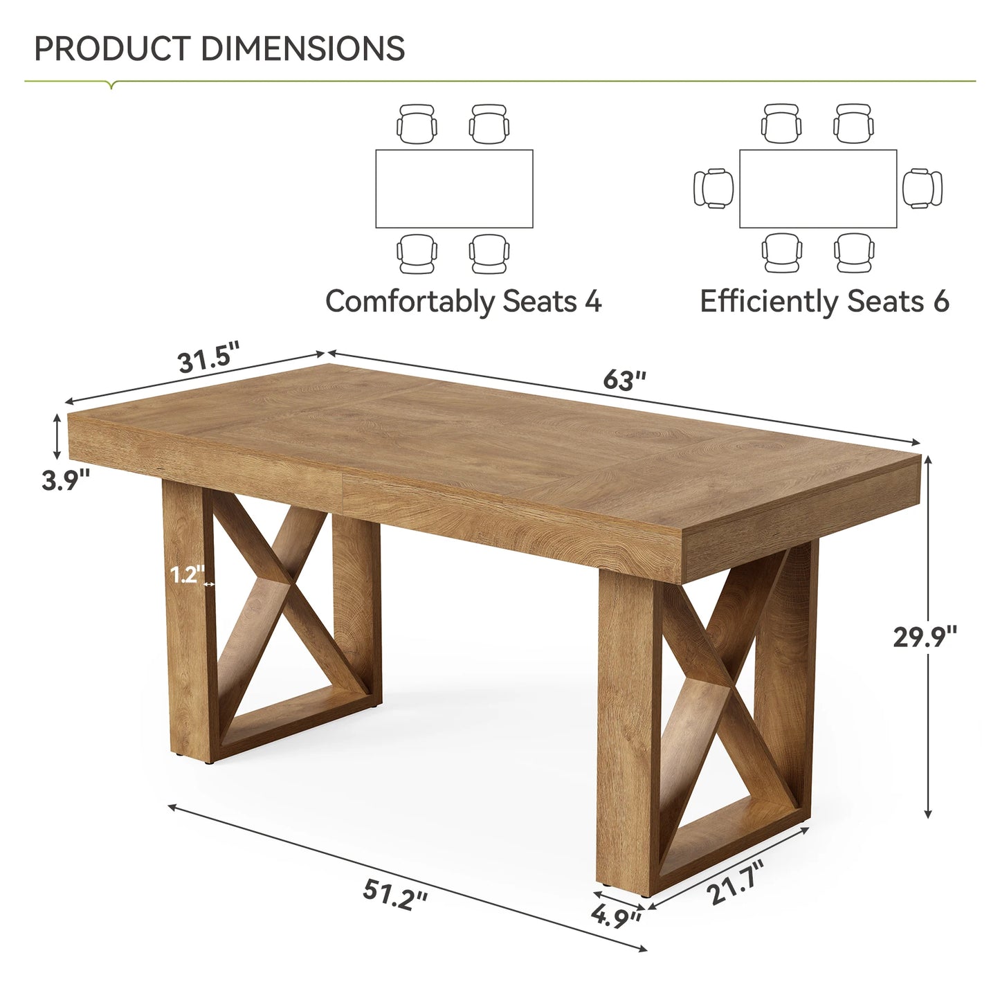Table de salle à manger Justine — finition marron, style rustique, rectangulaire