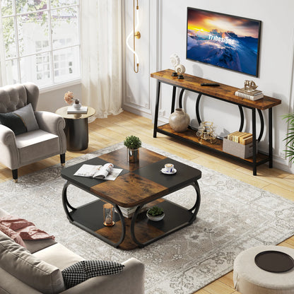 Table basse Mélanie — bois, métal, rangement intégré, 2 niveaux