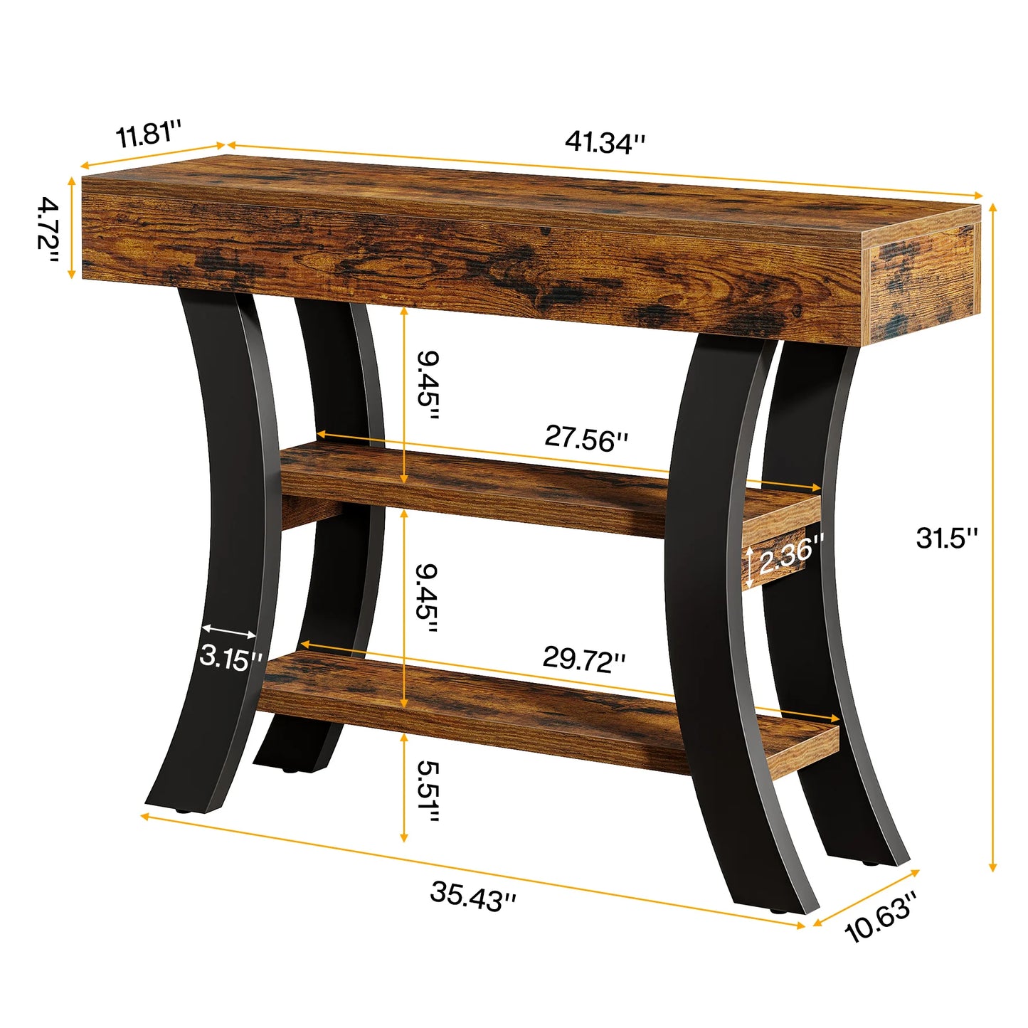 Console Valérie — style rustique, rangement intégré, 3 niveaux, étagères ouvertes