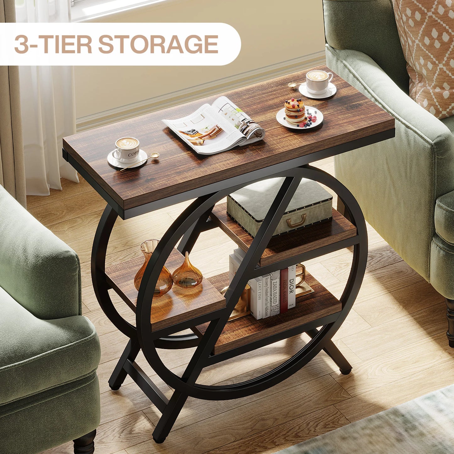 Table d'appoint André — bois, métal, rangement intégré, 3 niveaux