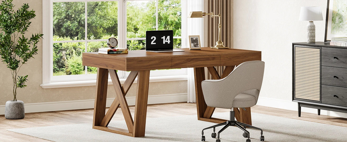 Bureau Martial — finition noyer, style rustique, rangement intégré, avec tiroirs