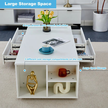 Extendable Coffee Table with LED Light, Living Room Centre Table with 4 Storage Drawers Shelves, Modern Wooden Sofa Side Table