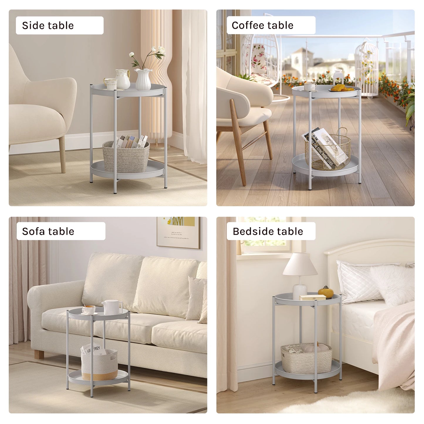 WOLTU Round Coffee Table with Storage Space 2 Removable Trays Metal Sofa Table for Living Room Modern Bedside Table for Bedroom