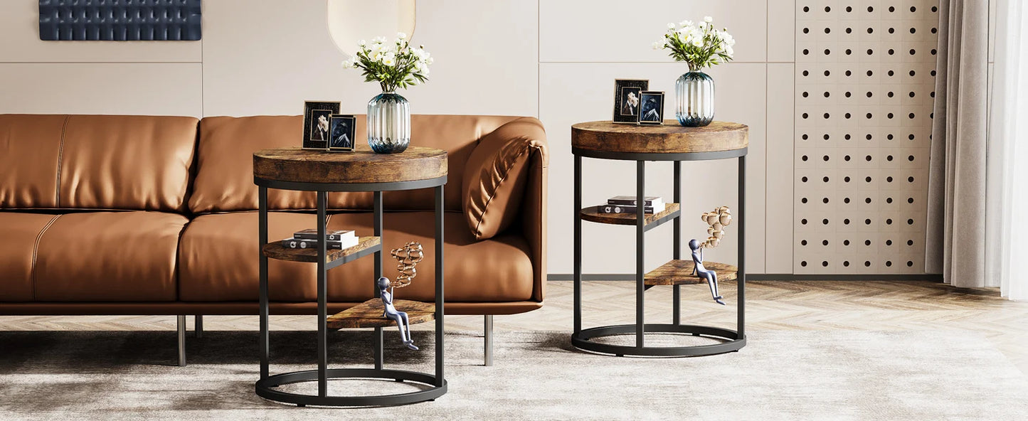 Table d'appoint Pauline — bois, style industriel, rangement intégré, ronde