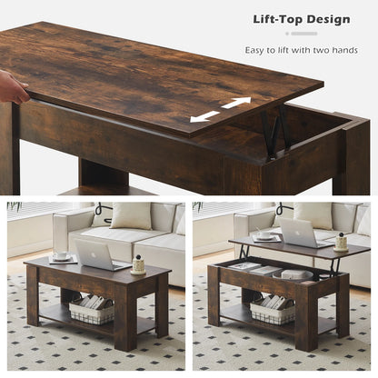 Lift Top Coffee Table with Hidden and Open Storage Shelf, Wooden Sofa Side Tea Table, Extendable Center Table for Living Room