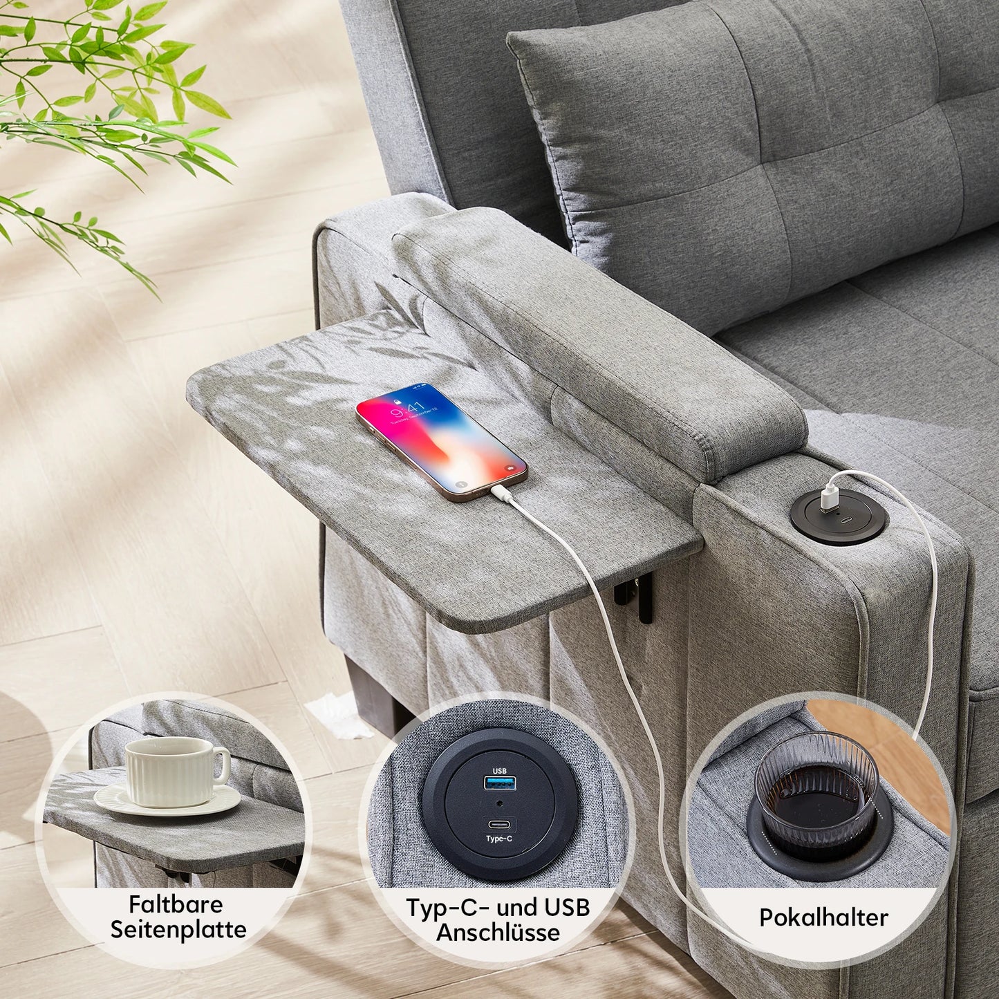 3-in-1 Sofa Bed with USB and Type-C, Adjustable Backrest TV Chair with Drink Holder and Armrest for Small Room Apartments