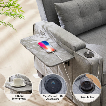 3-in-1 Sofa Bed with USB and Type-C, Adjustable Backrest TV Chair with Drink Holder and Armrest for Small Room Apartments