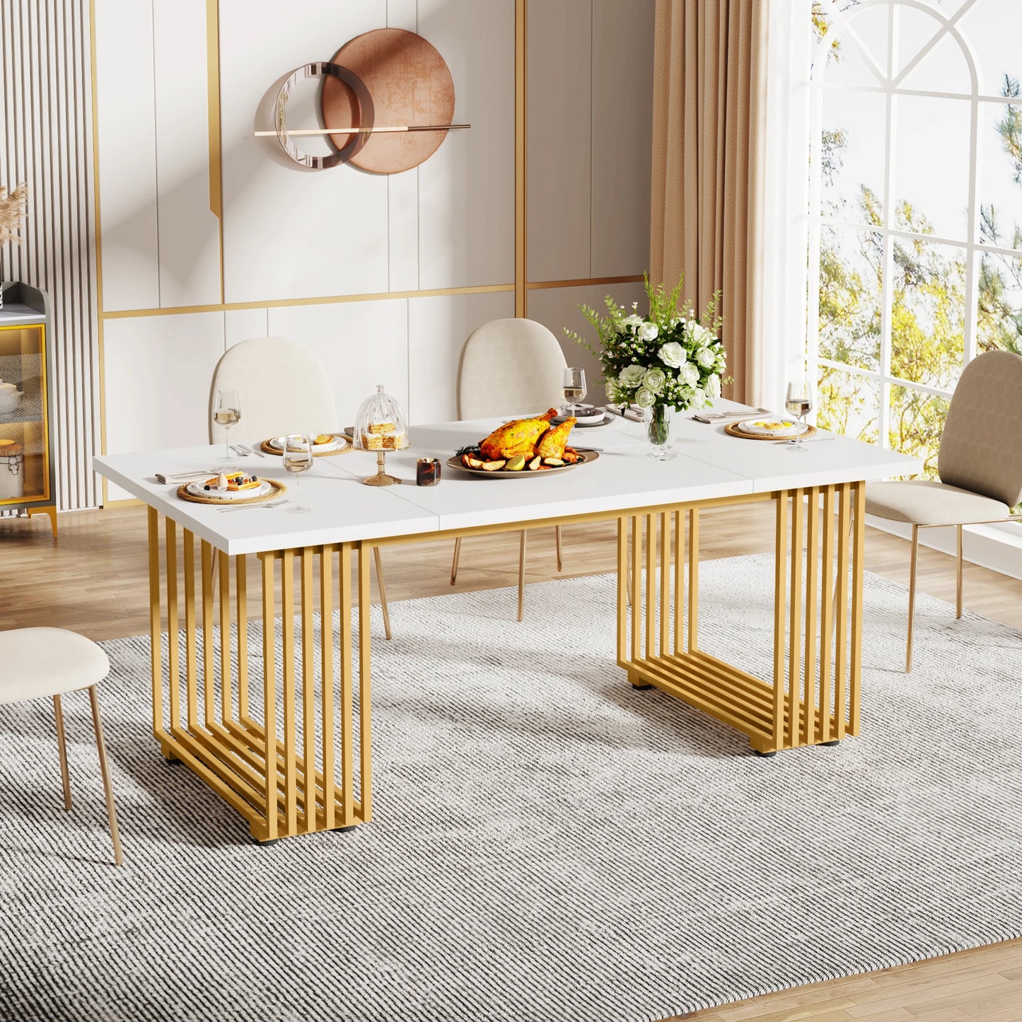 Table de salle à manger Louise — finition blanche, marbre, design contemporain, rectangulaire