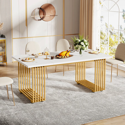Table de salle à manger Louise — finition blanche, marbre, design contemporain, rectangulaire