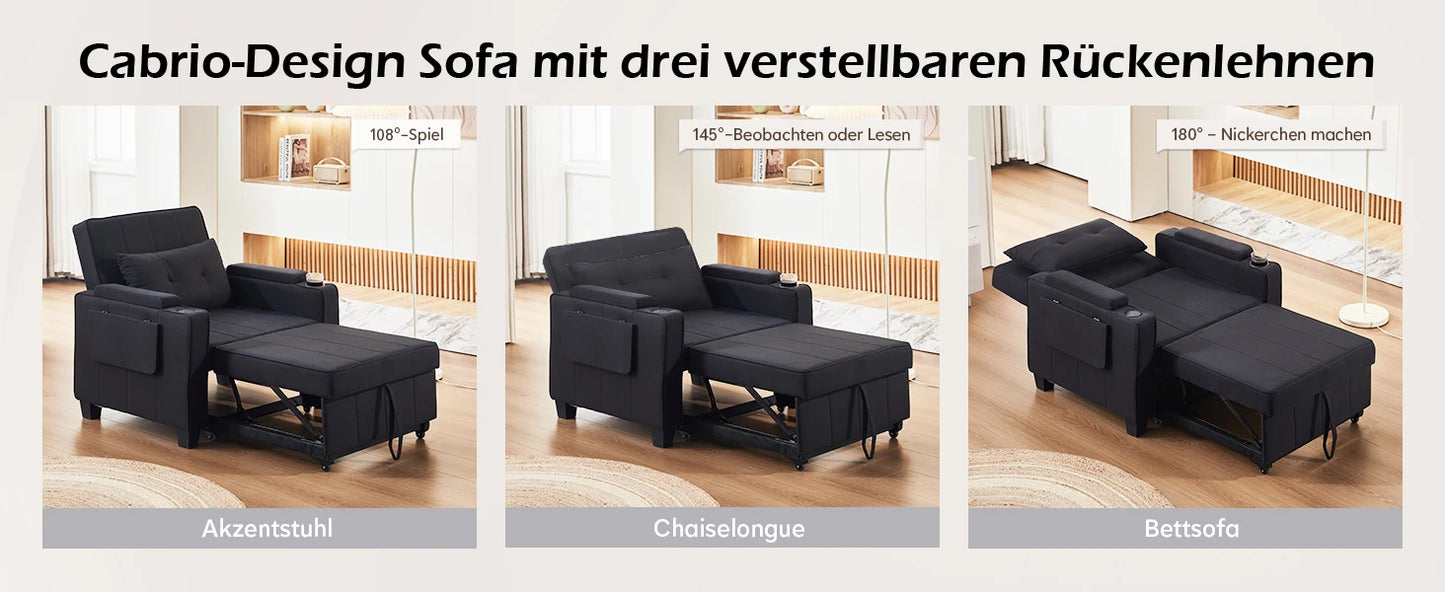 3-in-1 Sofa Bed with USB and Type-C, Adjustable Backrest TV Chair with Drink Holder and Armrest for Small Room Apartments