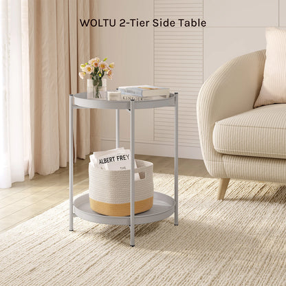 WOLTU Round Coffee Table Metal Side Table with Storage Space 2 Removable Trays Bedside Table for Bedroom Living Room Decor