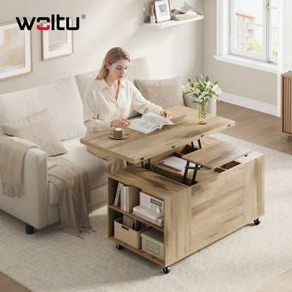WOLTU Double Lift Top Coffee Table with Wheels Wood Sofa Table with Drawer and Storage Shelf Height-Adjustable Extendable for Living Room