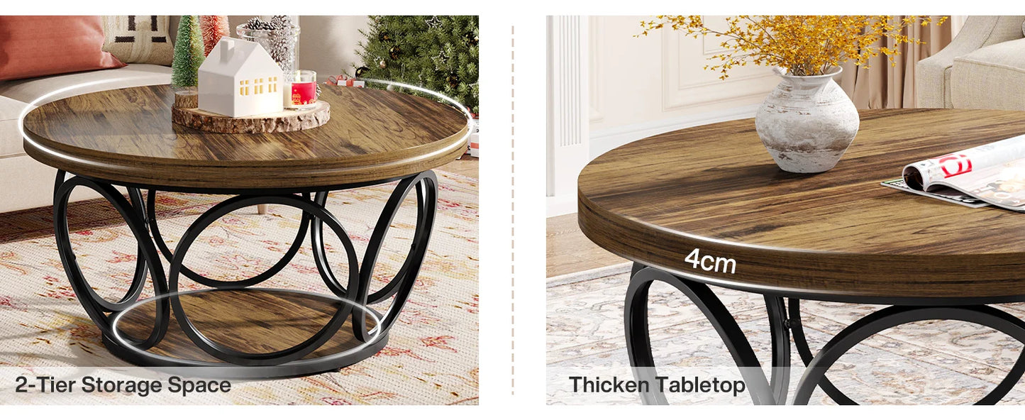 Table basse Denis — bois, métal, rangement intégré, 2 niveaux