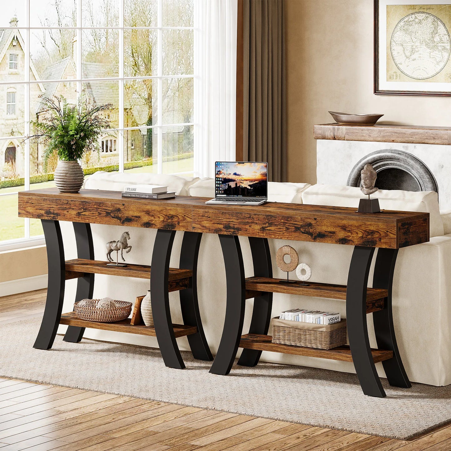 Console Valérie — style rustique, rangement intégré, 3 niveaux, étagères ouvertes