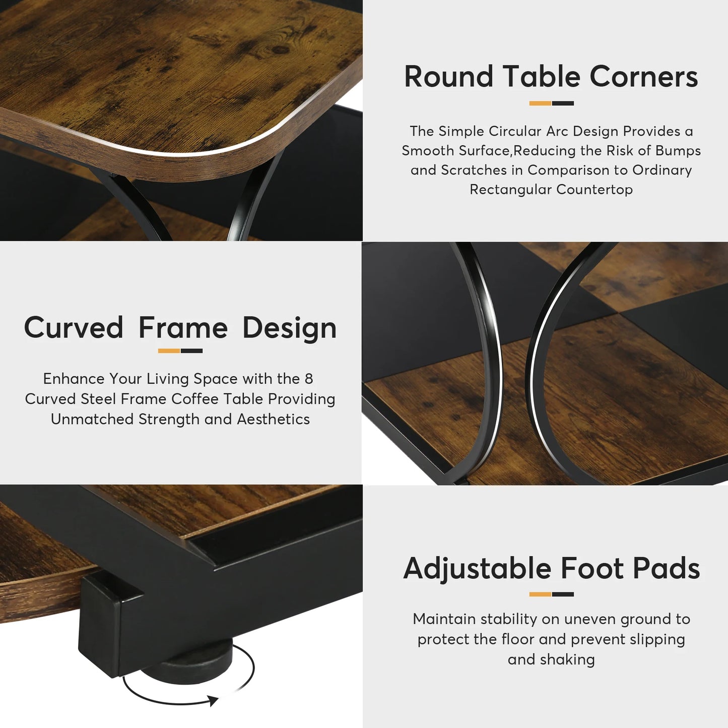 Table basse Mélanie — bois, métal, rangement intégré, 2 niveaux