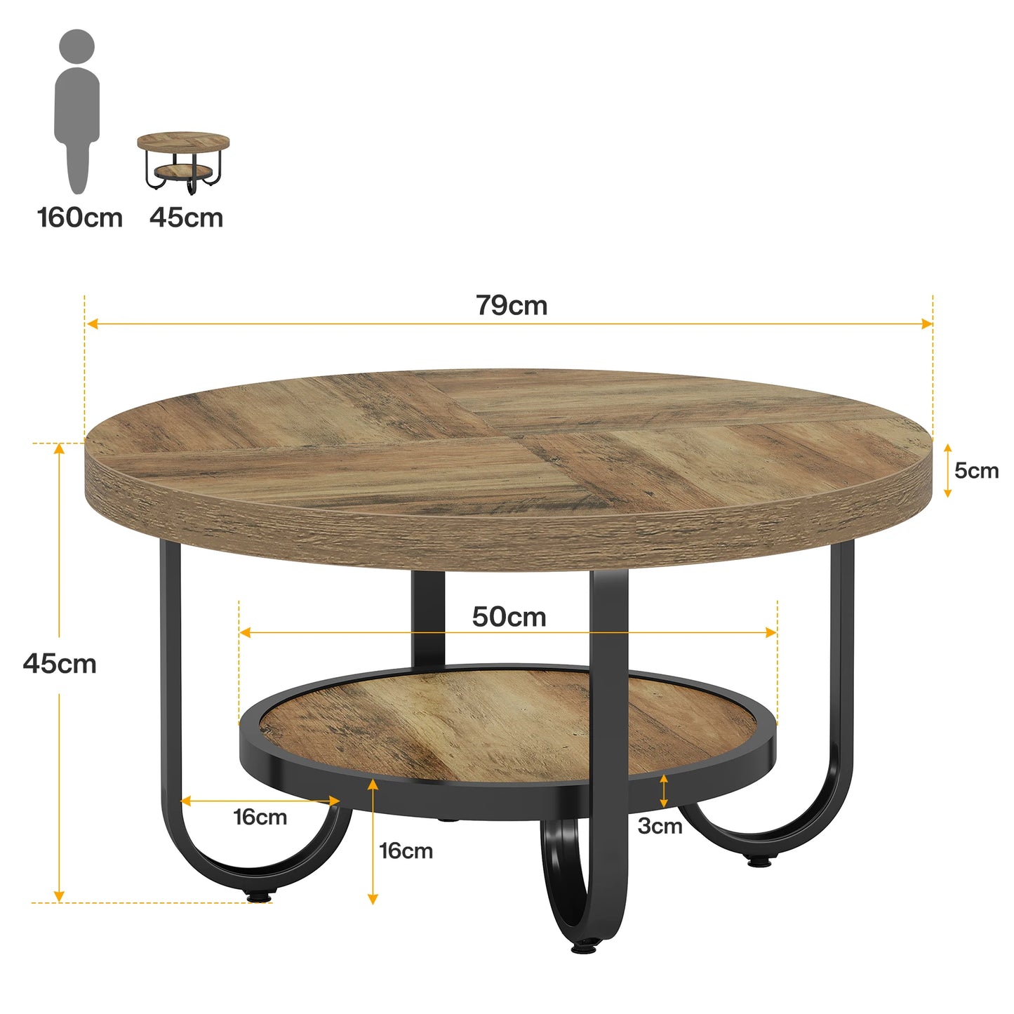 Table basse Ursule — rangement intégré, 2 niveaux, ronde, étagères ouvertes