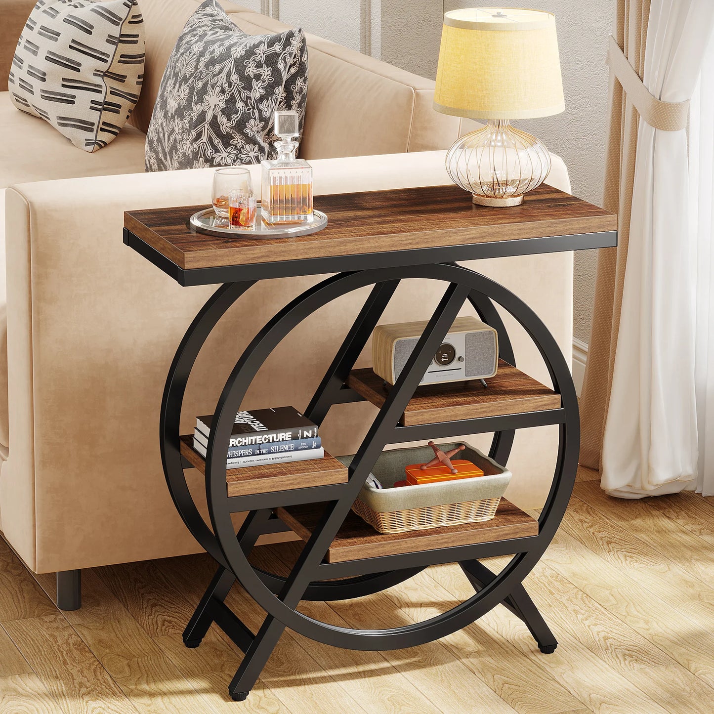 Table d'appoint André — bois, métal, rangement intégré, 3 niveaux