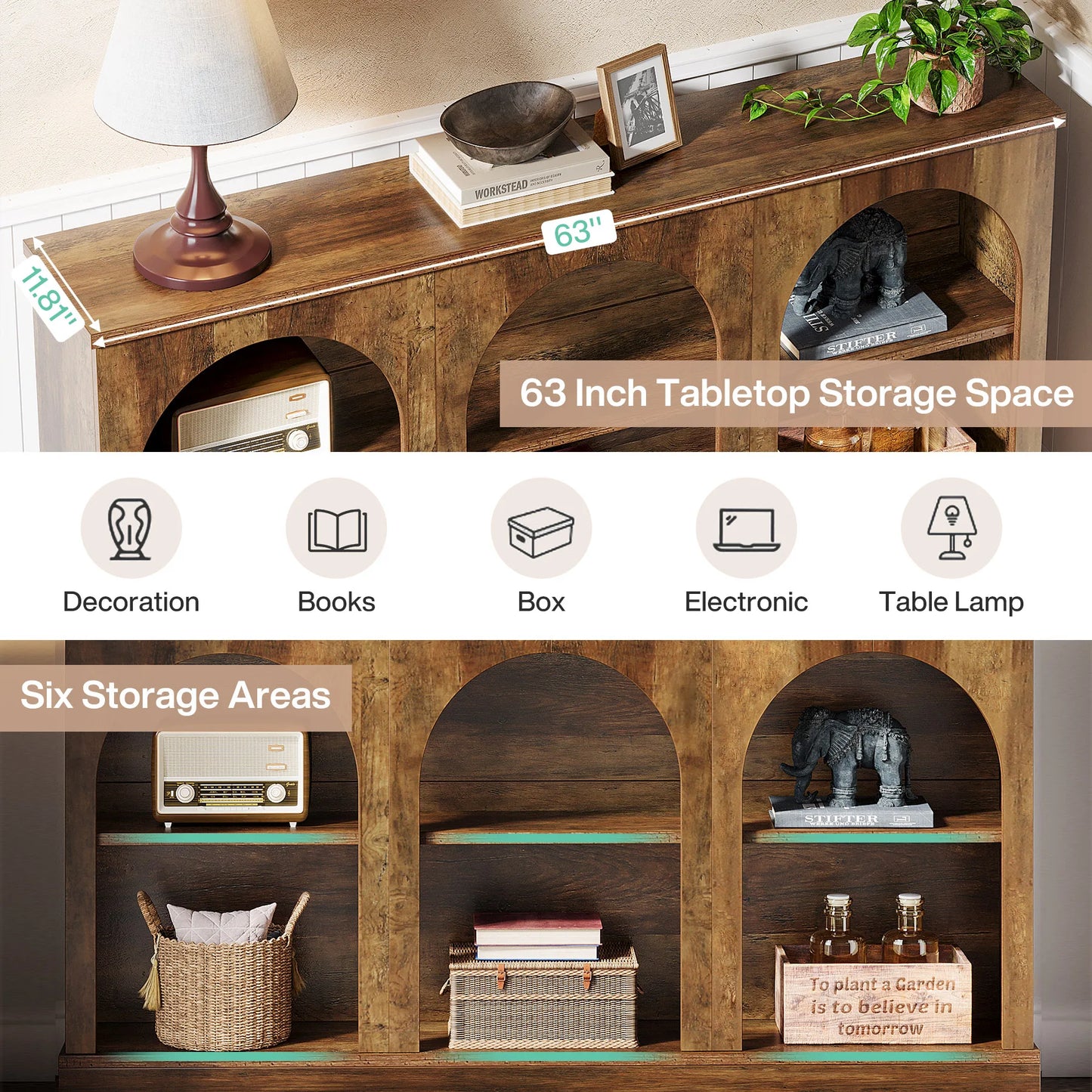 Console Éva — bois, métal, rangement intégré, 3 niveaux