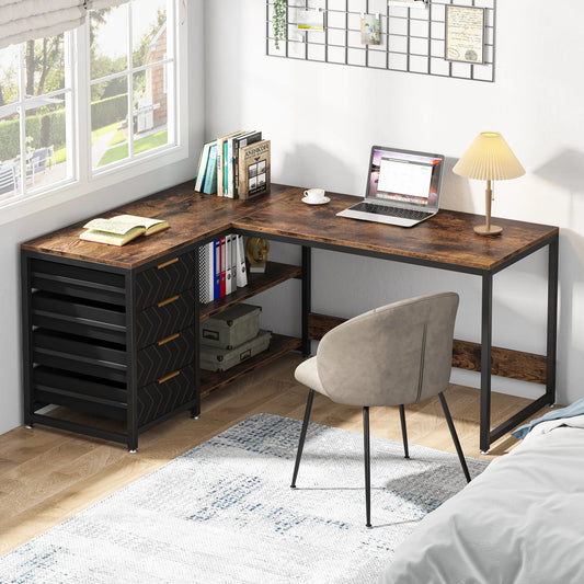 Bureau Renée — rangement intégré, meuble d'angle, étagères ouvertes, avec tiroirs