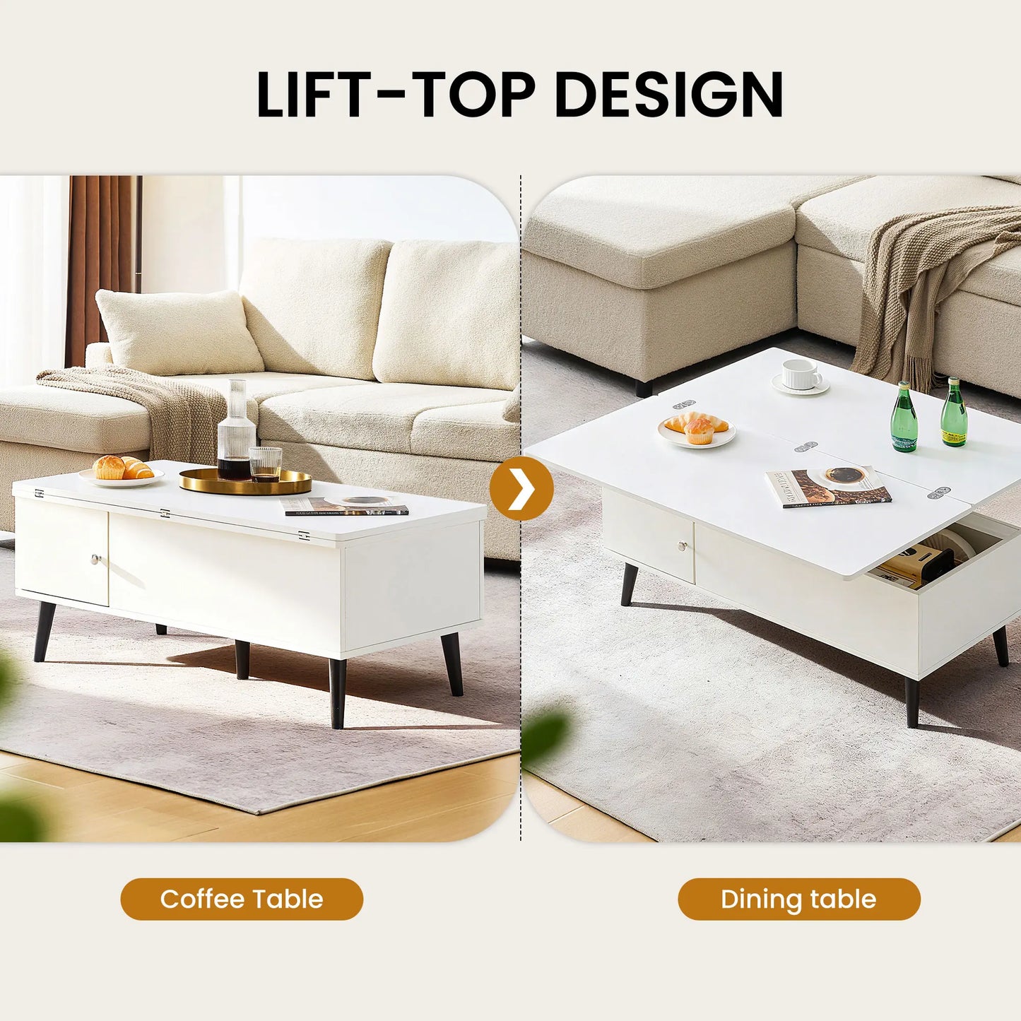 Convertible Coffee Table with Lifting Top, Retractable Living Room Table, Wooden Sofa Side Table with Hidden Storage Space
