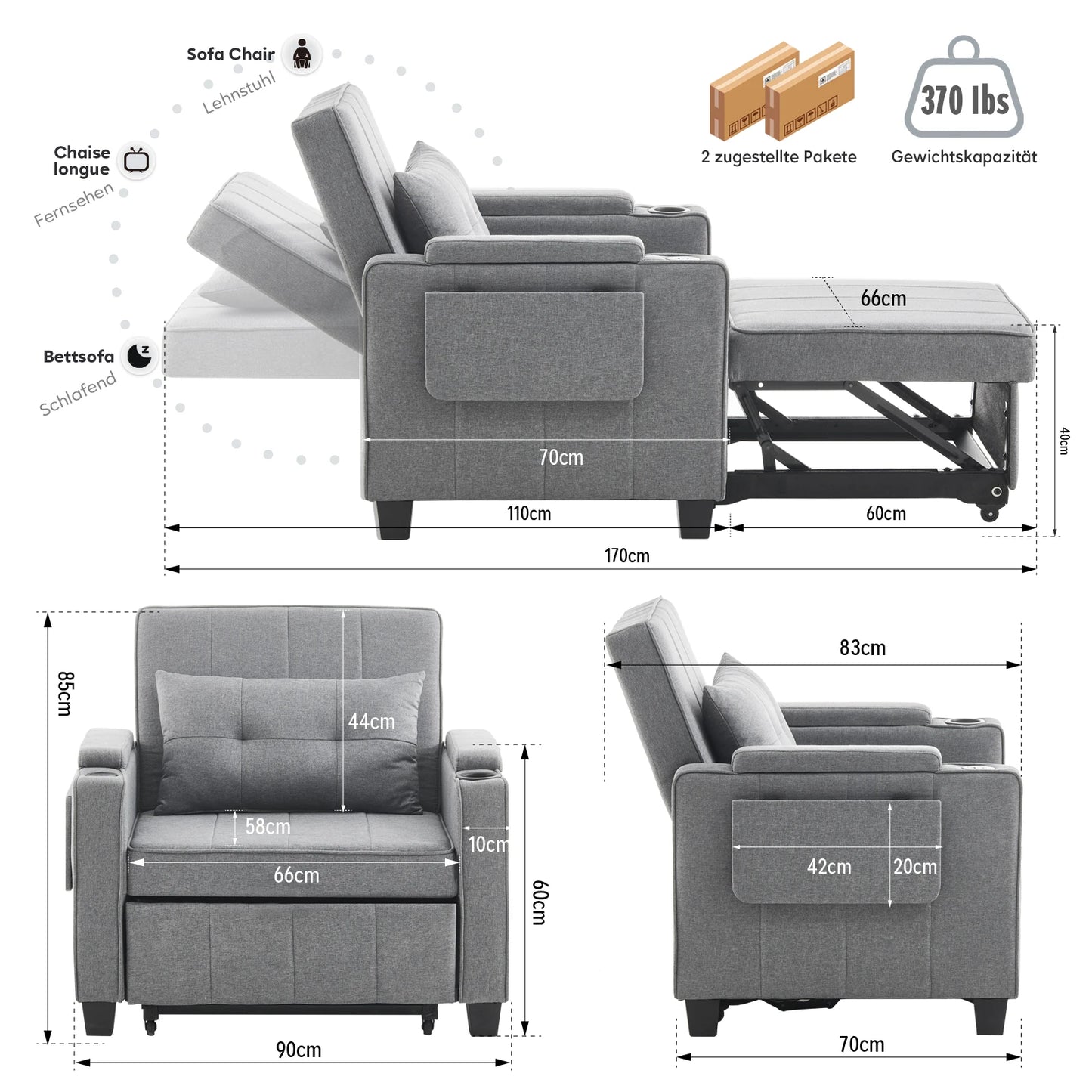 3-in-1 Sofa Bed with USB and Type-C, Adjustable Backrest TV Chair with Drink Holder and Armrest for Small Room Apartments
