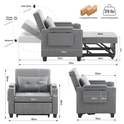 3-in-1 Sofa Bed with USB and Type-C, Adjustable Backrest TV Chair with Drink Holder and Armrest for Small Room Apartments