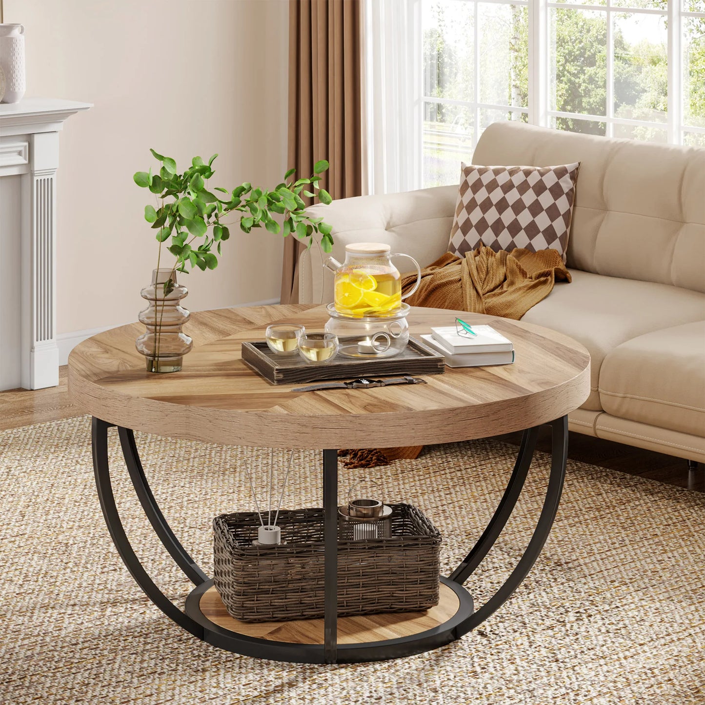 Table basse Jérôme — bois, style industriel, rangement intégré, 2 niveaux